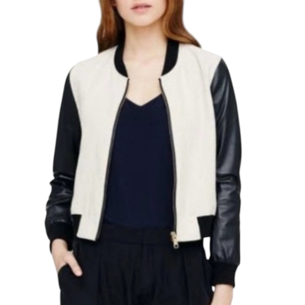 Club Monaco Leather Linen Zippered Bomber Style Jacket Women’s Small | As Is